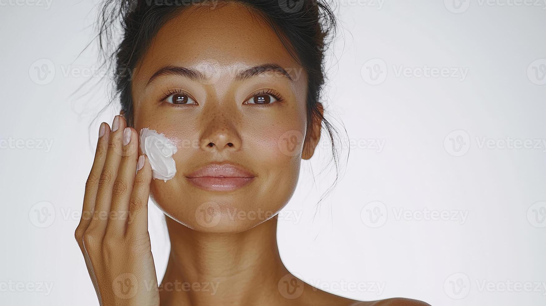Moisturizing skincare routine with woman applying cream on her face photo