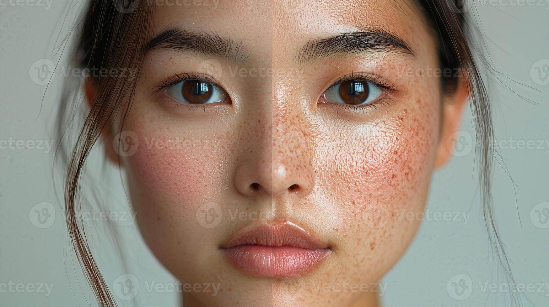 Close-up of Asian woman's face showing before and after freckles, highlighting skin texture differences. photo
