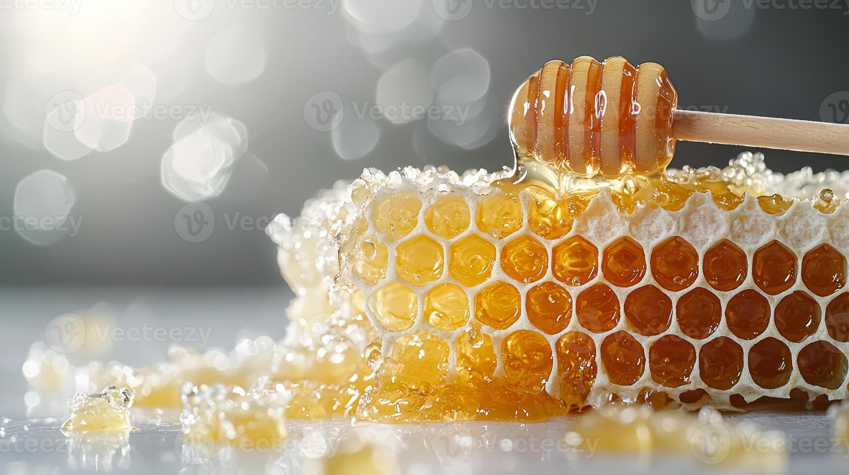 Honeycomb with honey dipper, golden sweetness dripping, natural delight photo