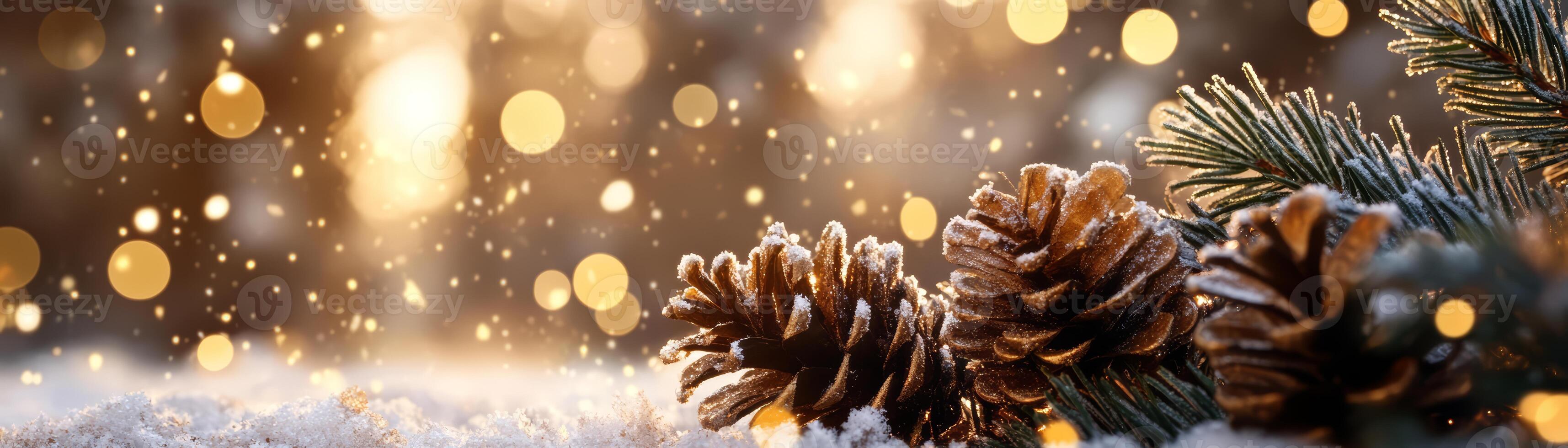 Close-up of snowy pine cones and evergreen branches with warm Christmas lights in a festive winter scene. photo