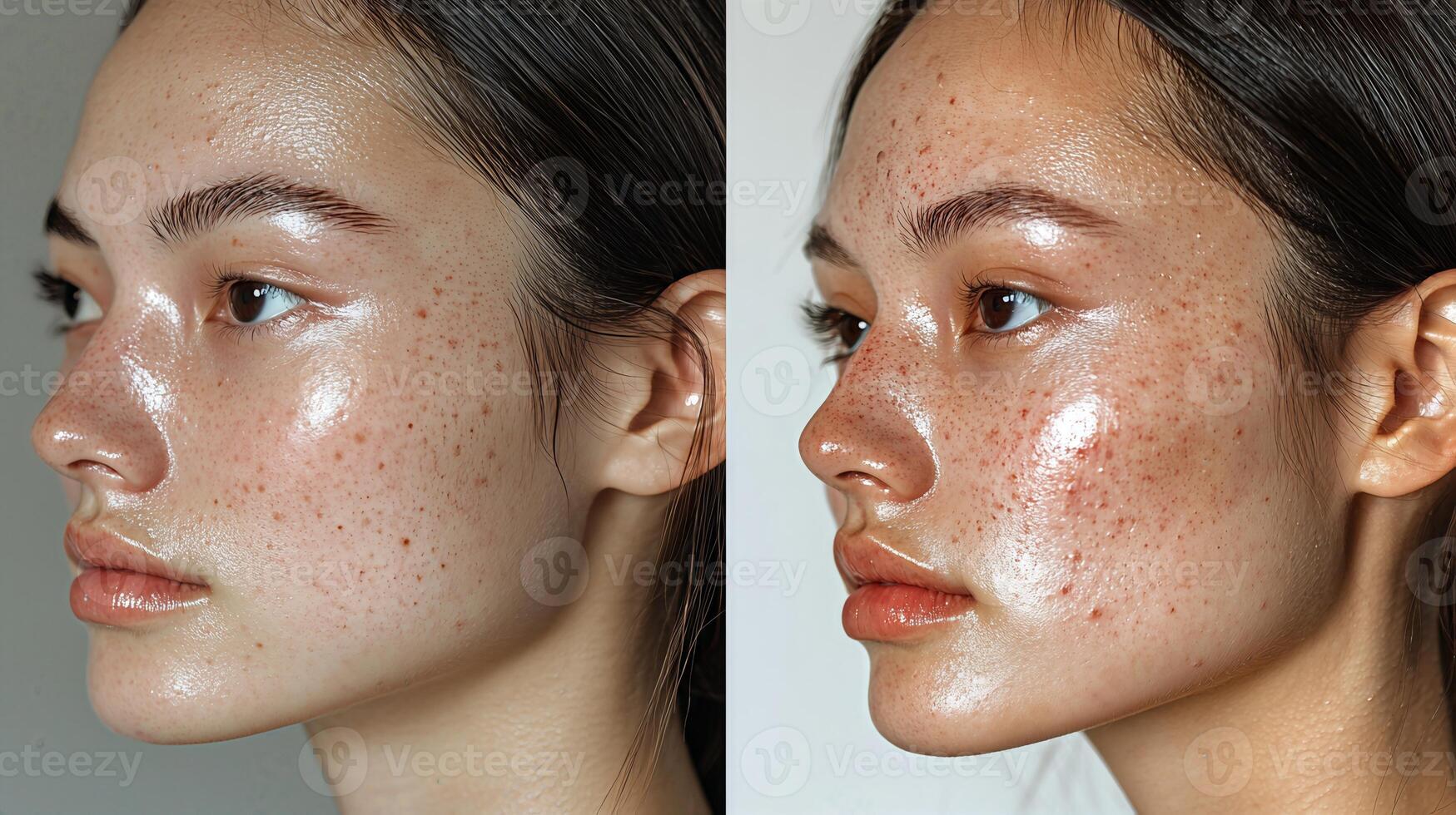 Close-up comparison of freckled skin before and after acne treatment, showing texture and pore changes. photo