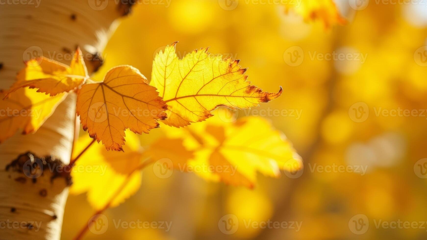 Close-up of golden birch leaves illuminated by sunlight photo