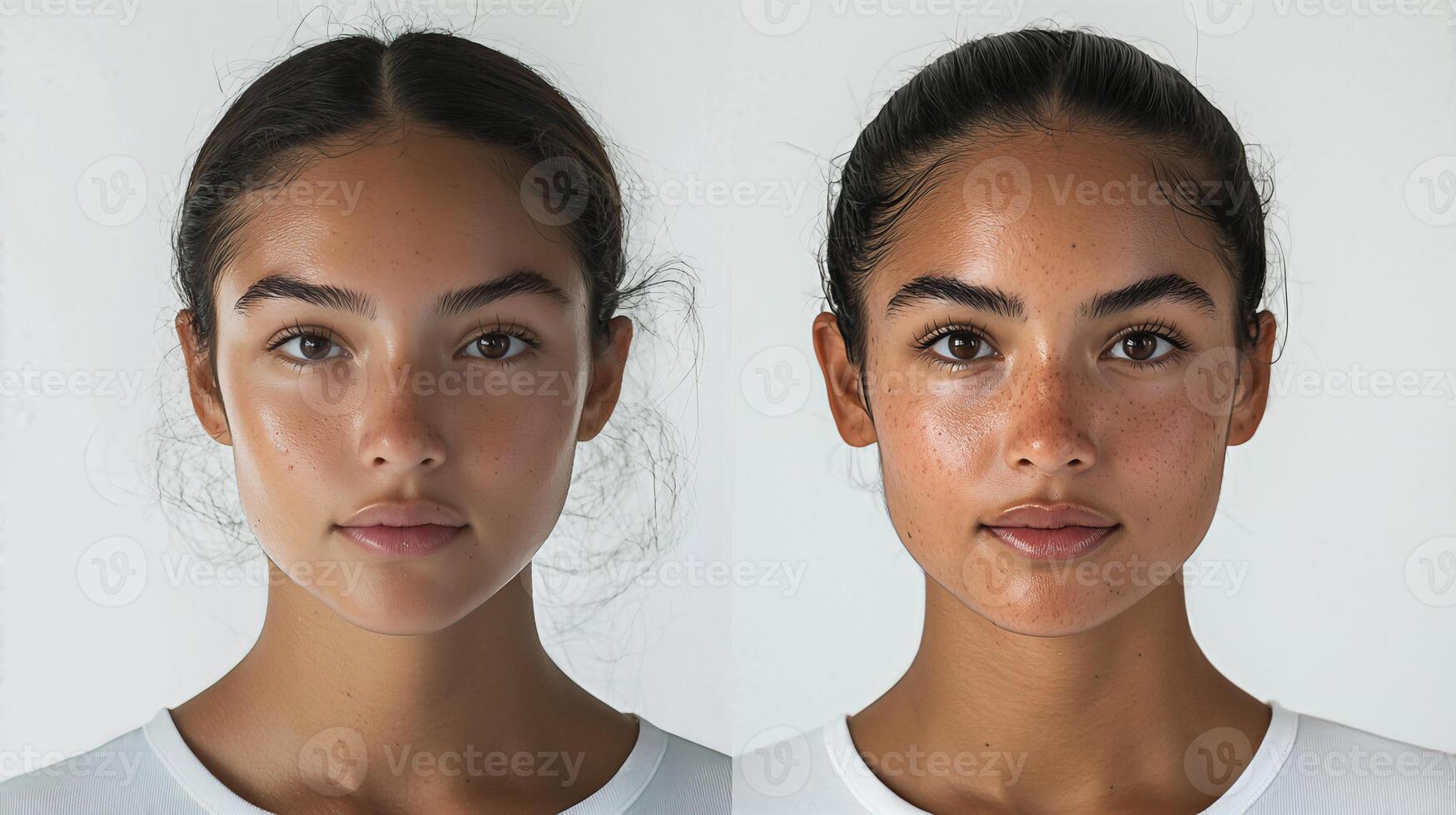 Front view of Hispanic woman's face showing before and after freckles, highlighting skin tone and texture. photo
