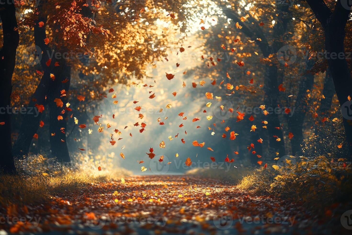Autumn leaves falling on a sunlit forest path photo