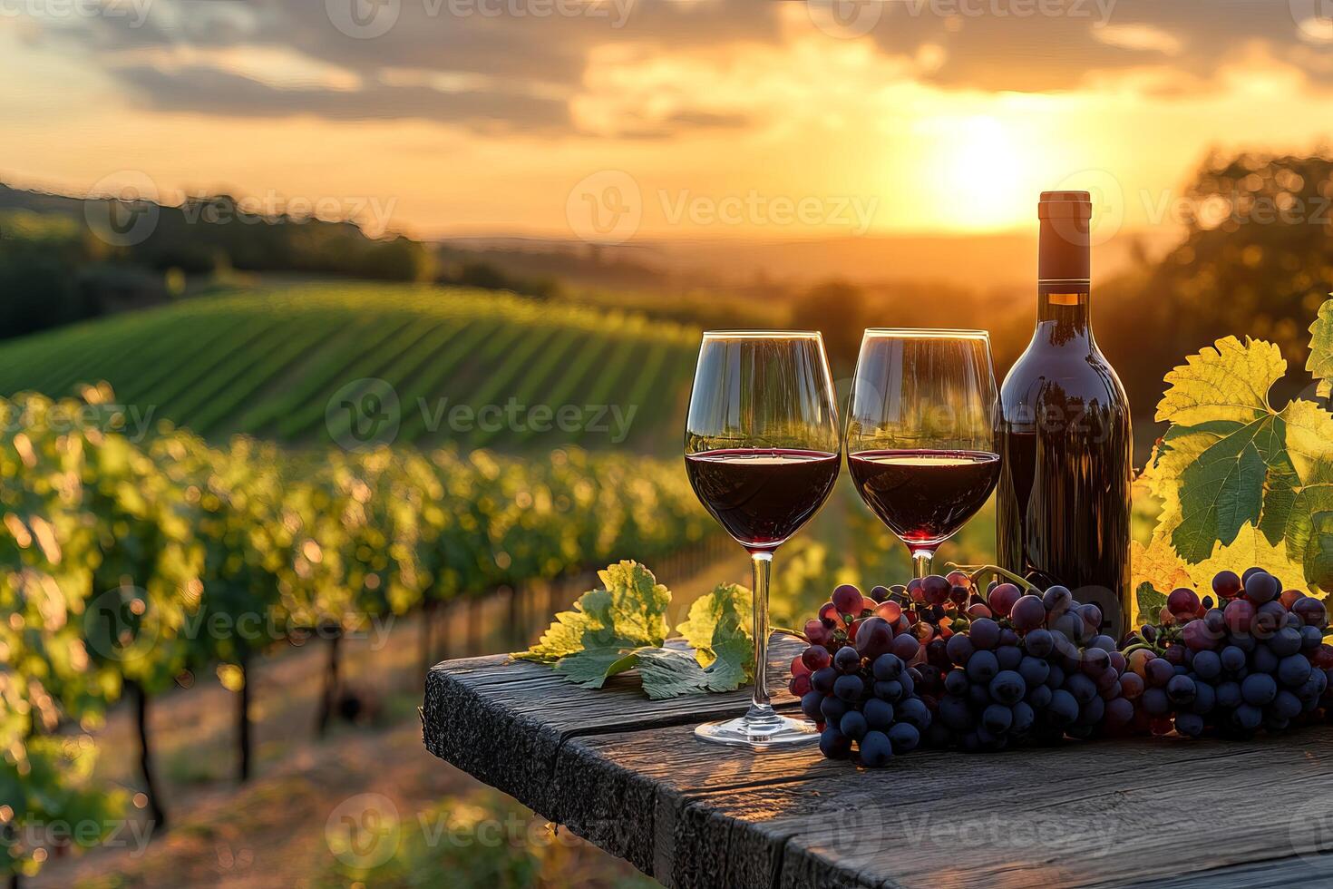 In the fading sunset light, a serene vineyard scene emerges with a wine bottle, two brimming glasses, and fresh grapes on a rustic table, all warmly illuminated, capturing a sense of tranquil beauty. photo