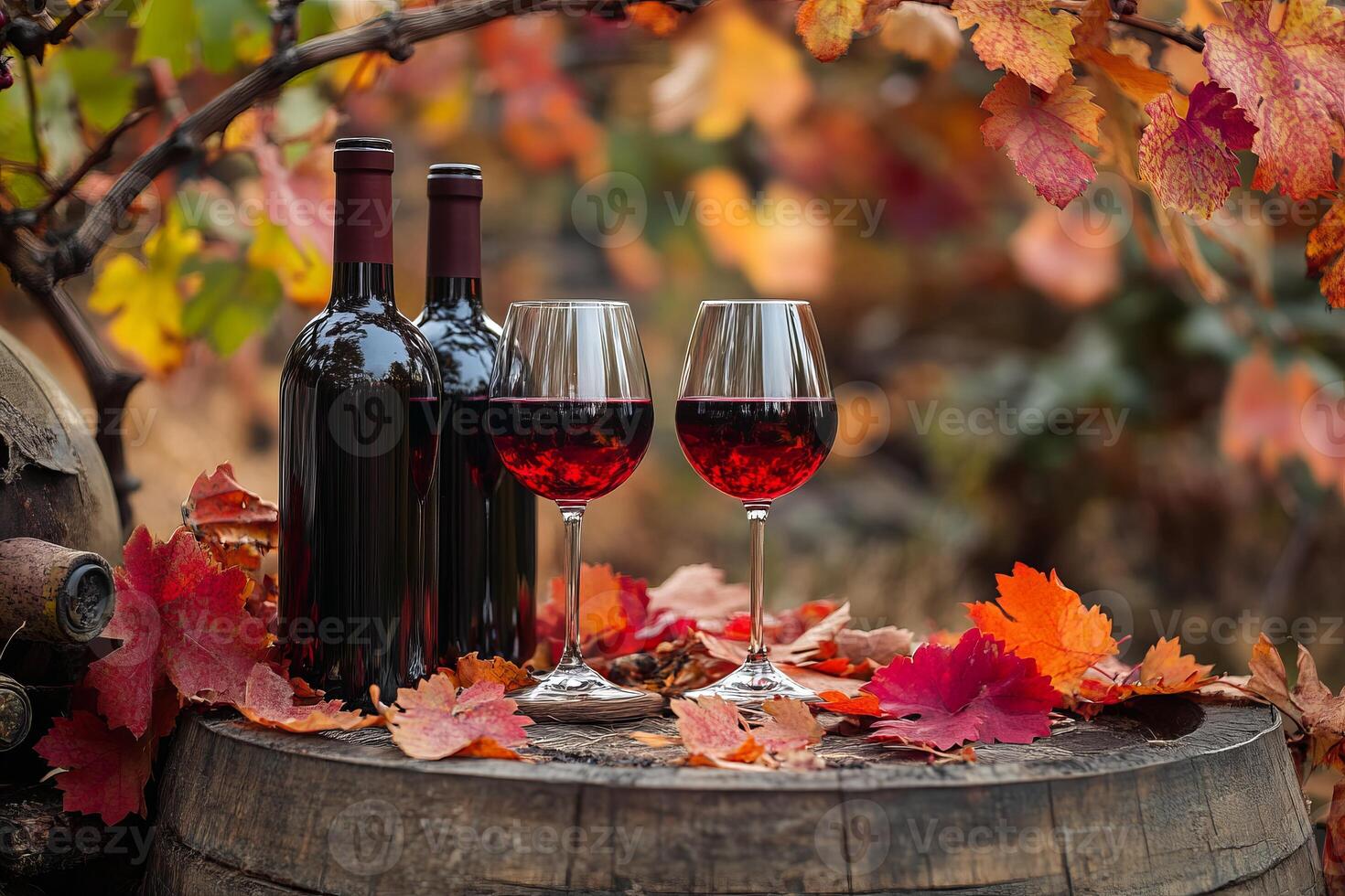 Amidst the vibrant fall leaves, a cozy vineyard setting comes to life with a bottle of red wine, two filled glasses, and a crate of grapes resting on a rustic table, embodying the essence of autumn. photo