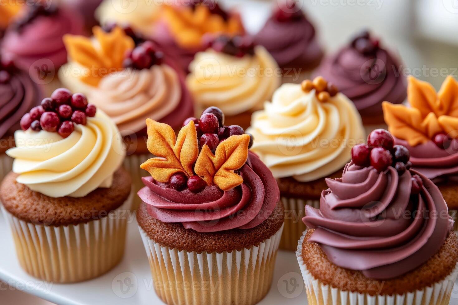 Delicious autumn themed cupcakes with creamy frosting festive decorations like pumpkins leaves and acorns perfect for fall celebrations Ideal for autumn gatherings photo