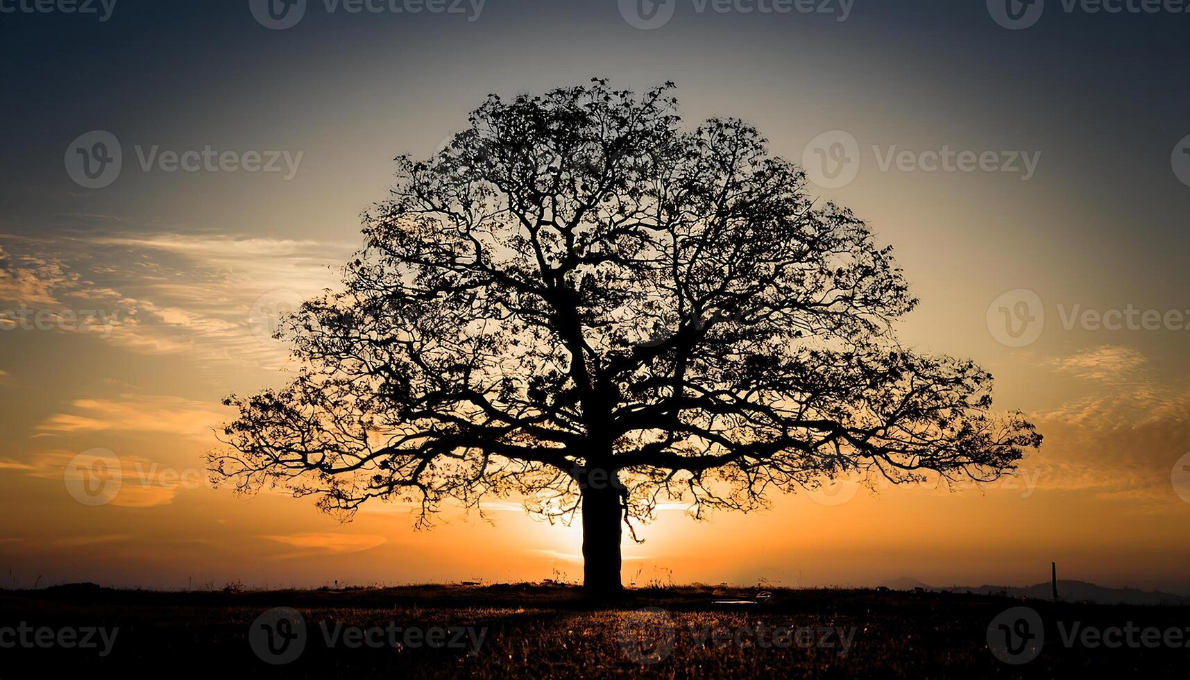 Silhouette of a large tree in a field at sunset. The sun is setting behind the tree, creating a beautiful golden glow. photo