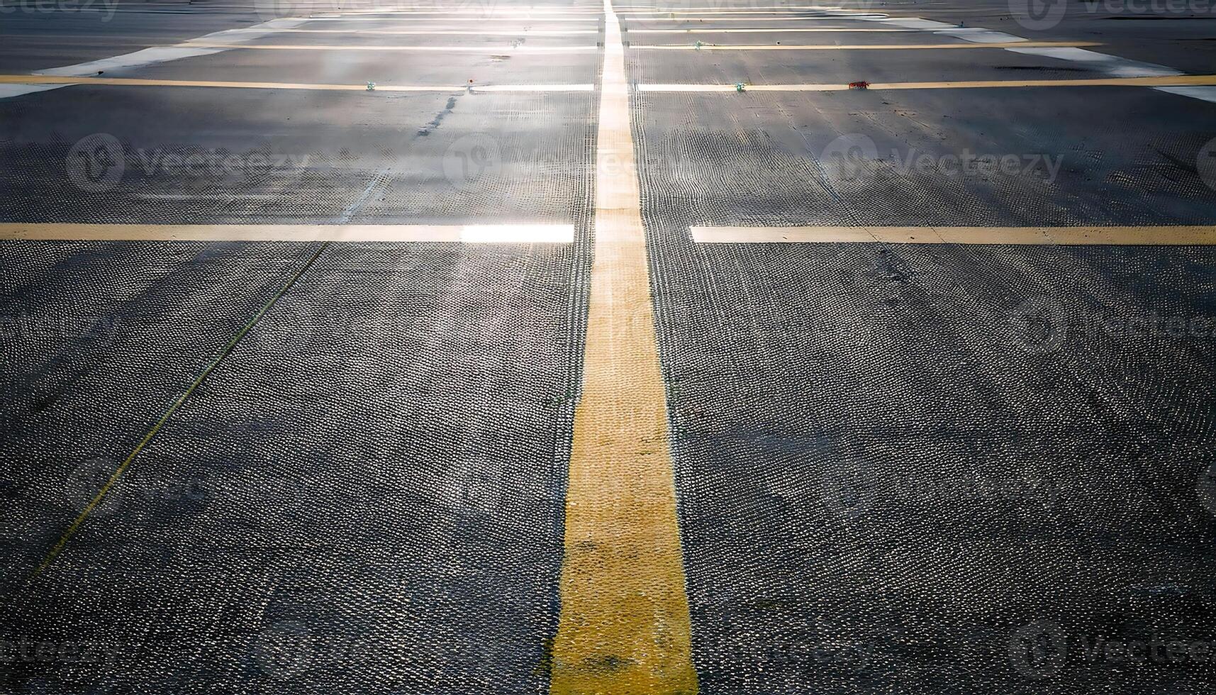 A wide, empty asphalt surface with yellow lines and a bright light in the distance. photo
