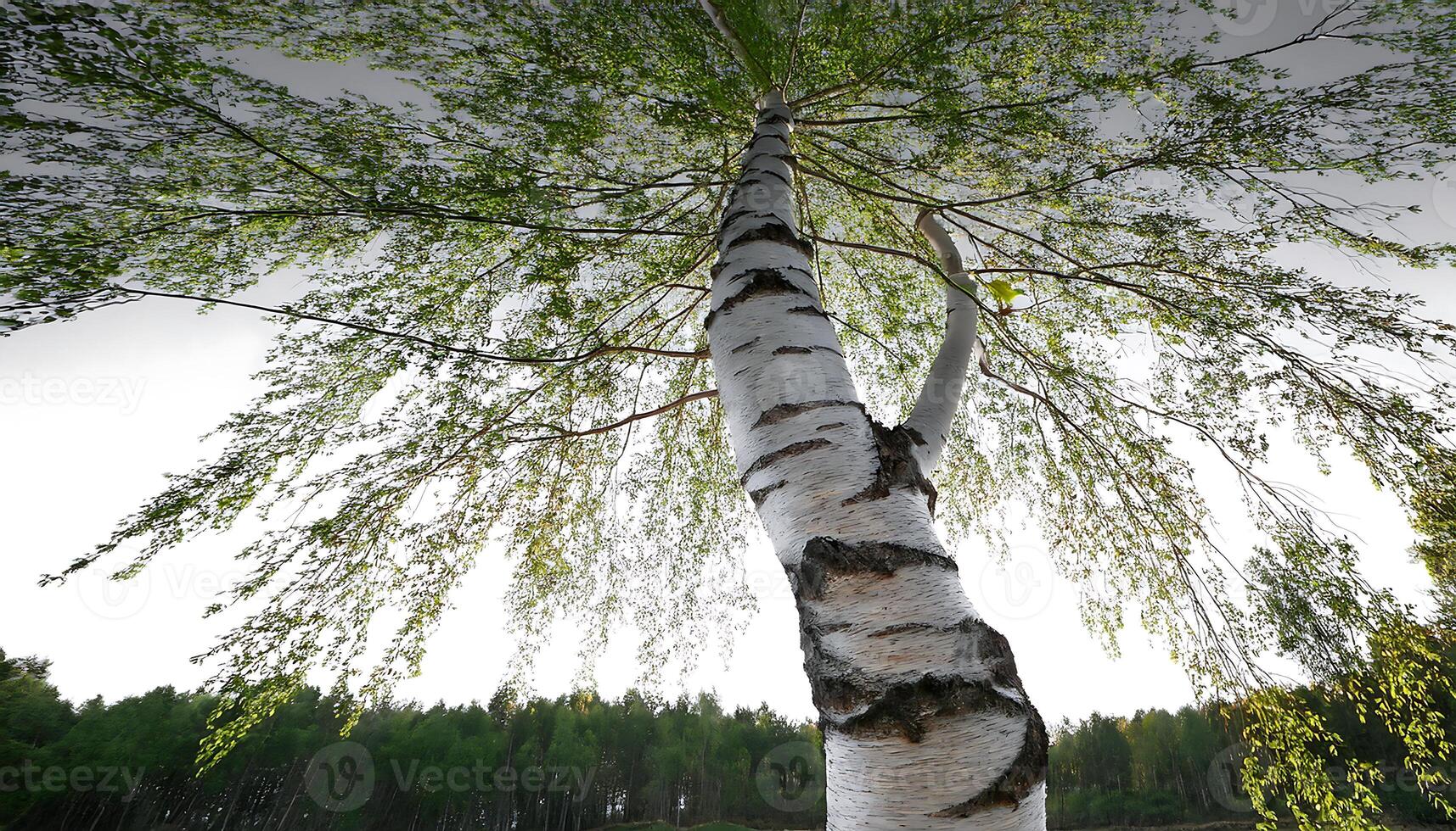 Low angle view of a birch tree with white bark and green leaves against a cloudy sky. photo