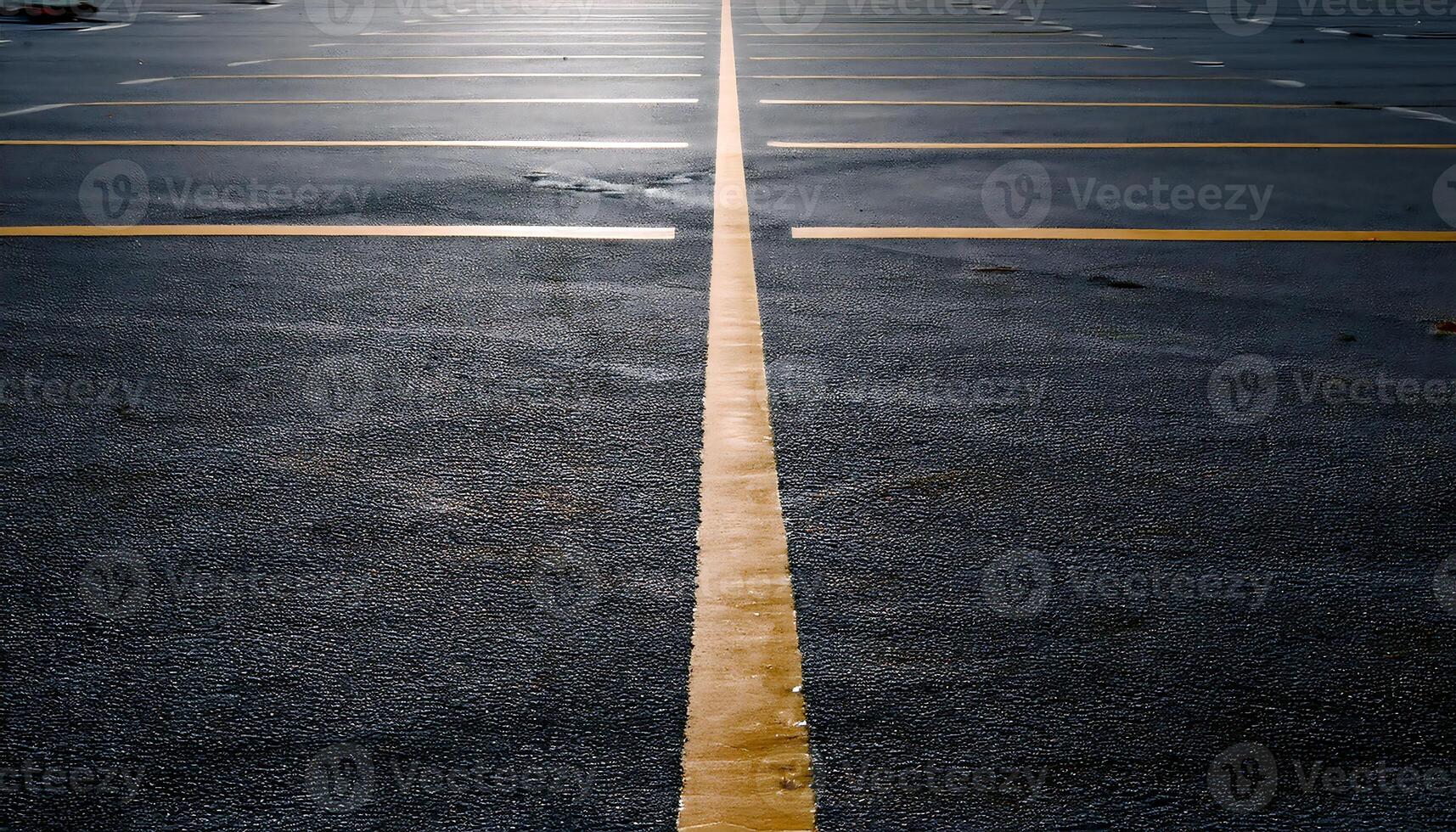 Empty asphalt parking lot with yellow lines leading to the horizon under a clear sky. photo