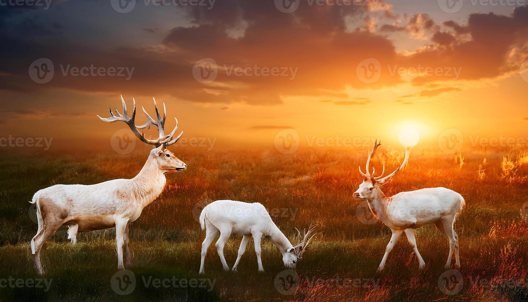 Three white deer standing in a field at sunset with a golden sky. photo