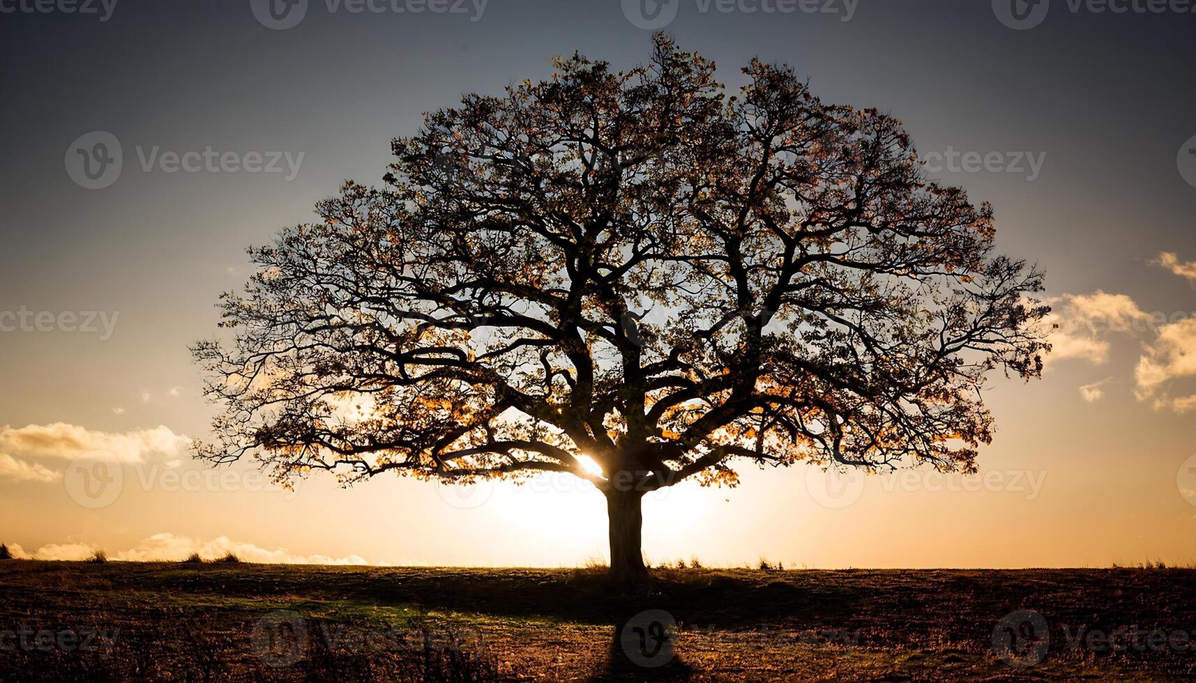 A lone tree stands tall against a vibrant sunset, its silhouette outlined against the fiery sky. photo
