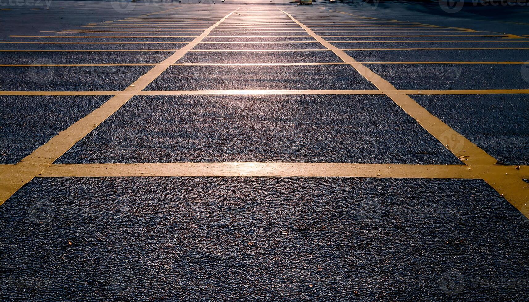 A low angle view of a parking lot with yellow lines, with the sun shining in the background. photo