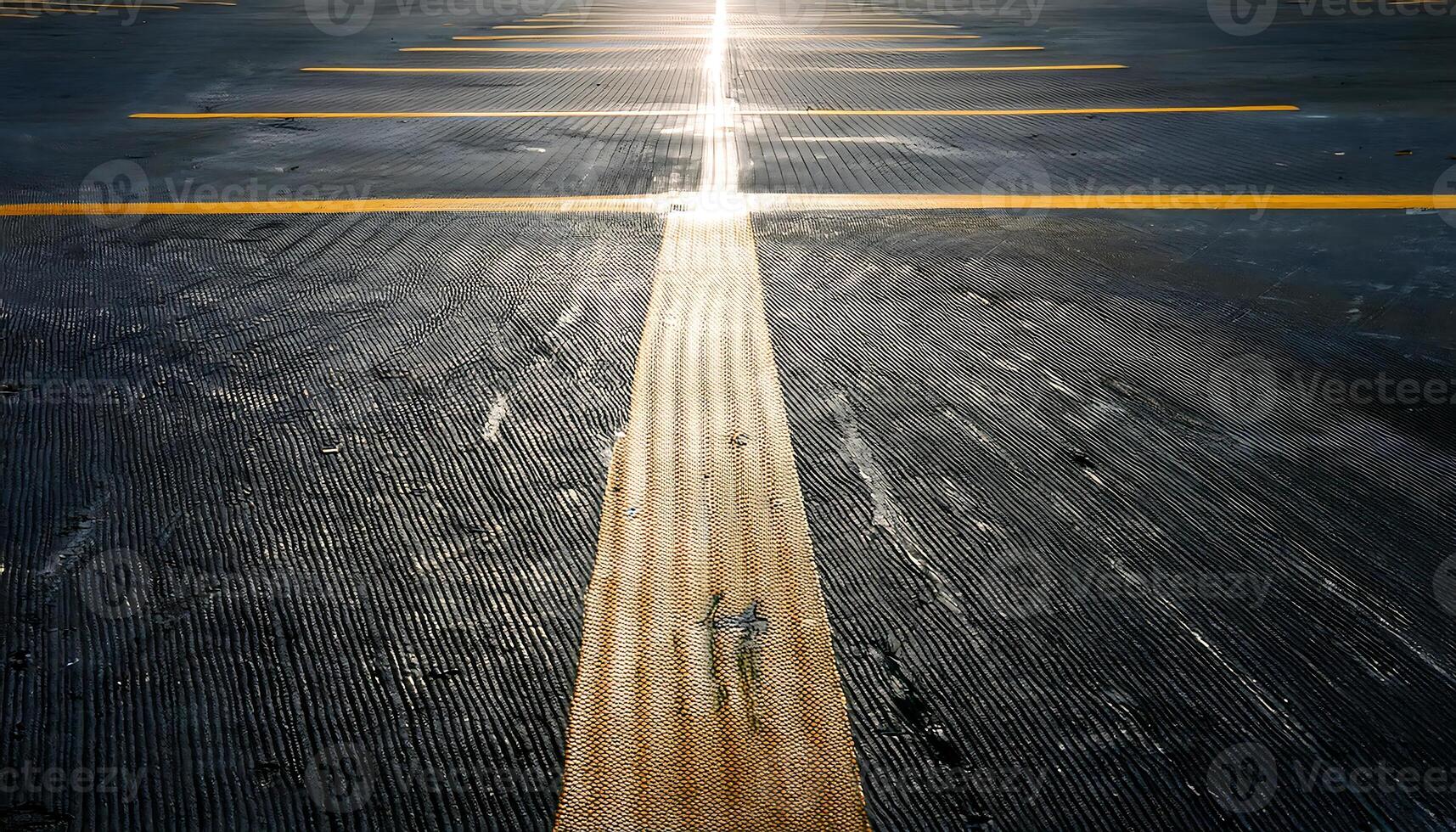 A close-up view of an empty parking lot with yellow lines and a bright light reflecting off the concrete. photo
