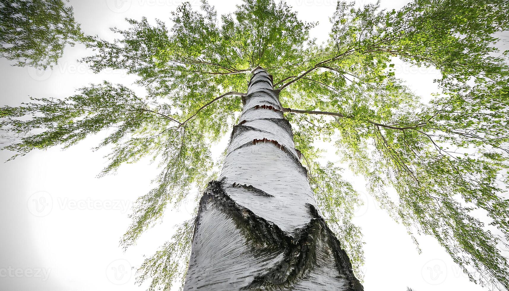 A low angle view of a tall birch tree with its branches and leaves reaching up towards the sky. photo