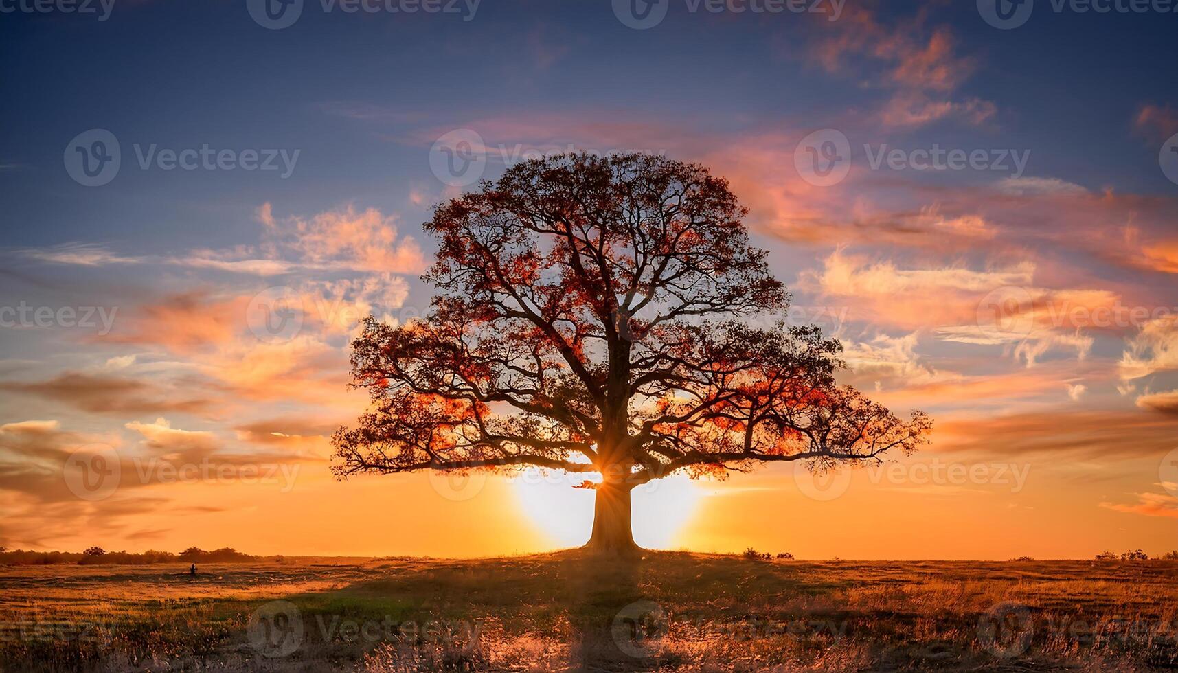 A solitary tree stands tall against a vibrant sunset, casting a long shadow across a field. photo