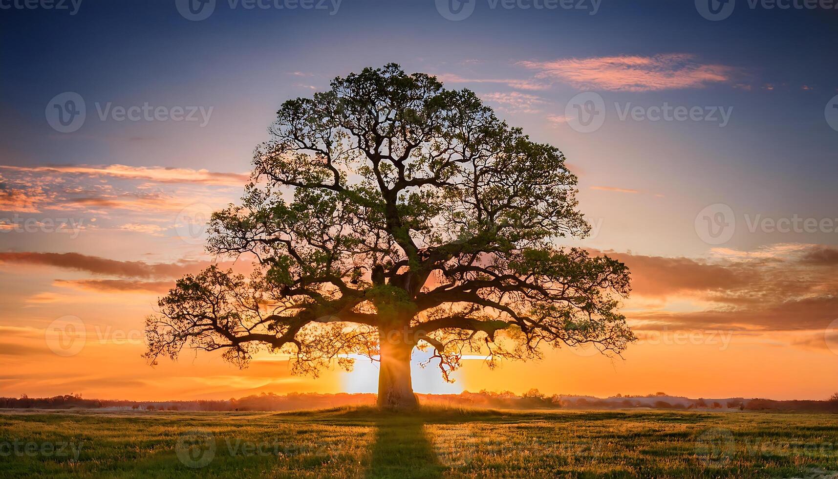 A lone tree stands tall in a field at sunset, its branches reaching up towards the sky as the sun casts a golden glow over the landscape. photo