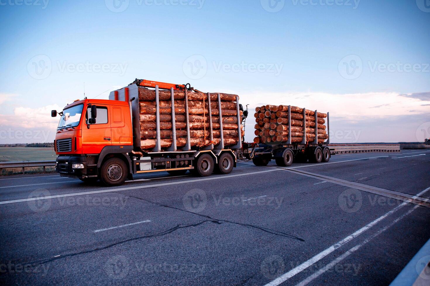 A red truck with logs transports round timber along the highway in the evening. Logging business, import and export of wood, industry photo