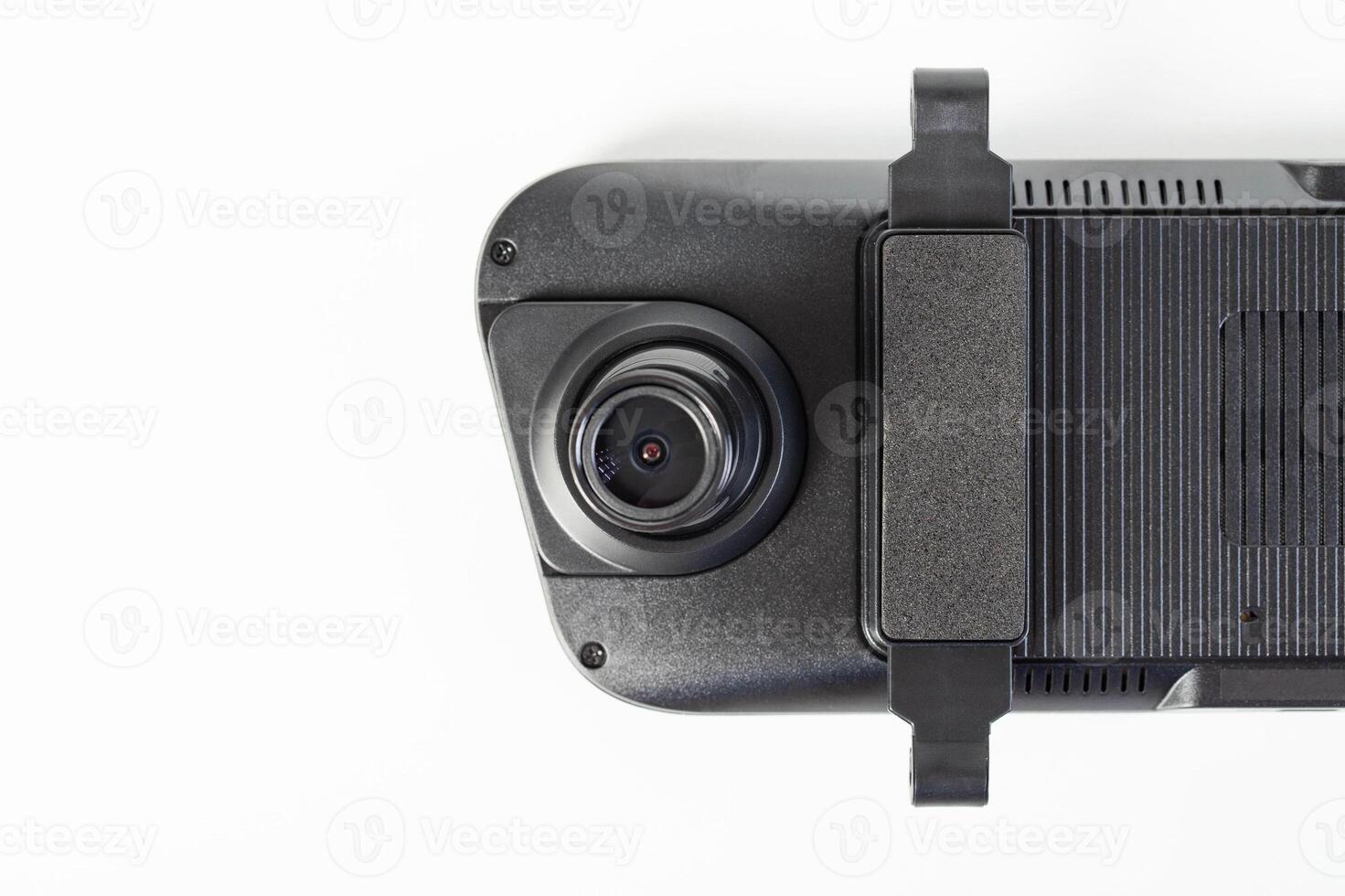 Car mirror with rear view camera and recorder on a white background, isolate, close-up. Copy space for text photo