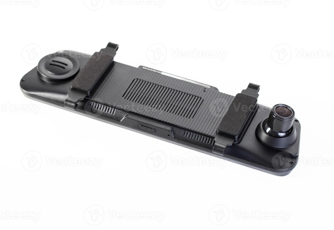 Car mirror with rear view camera and recorder on a white background, isolate, close-up photo