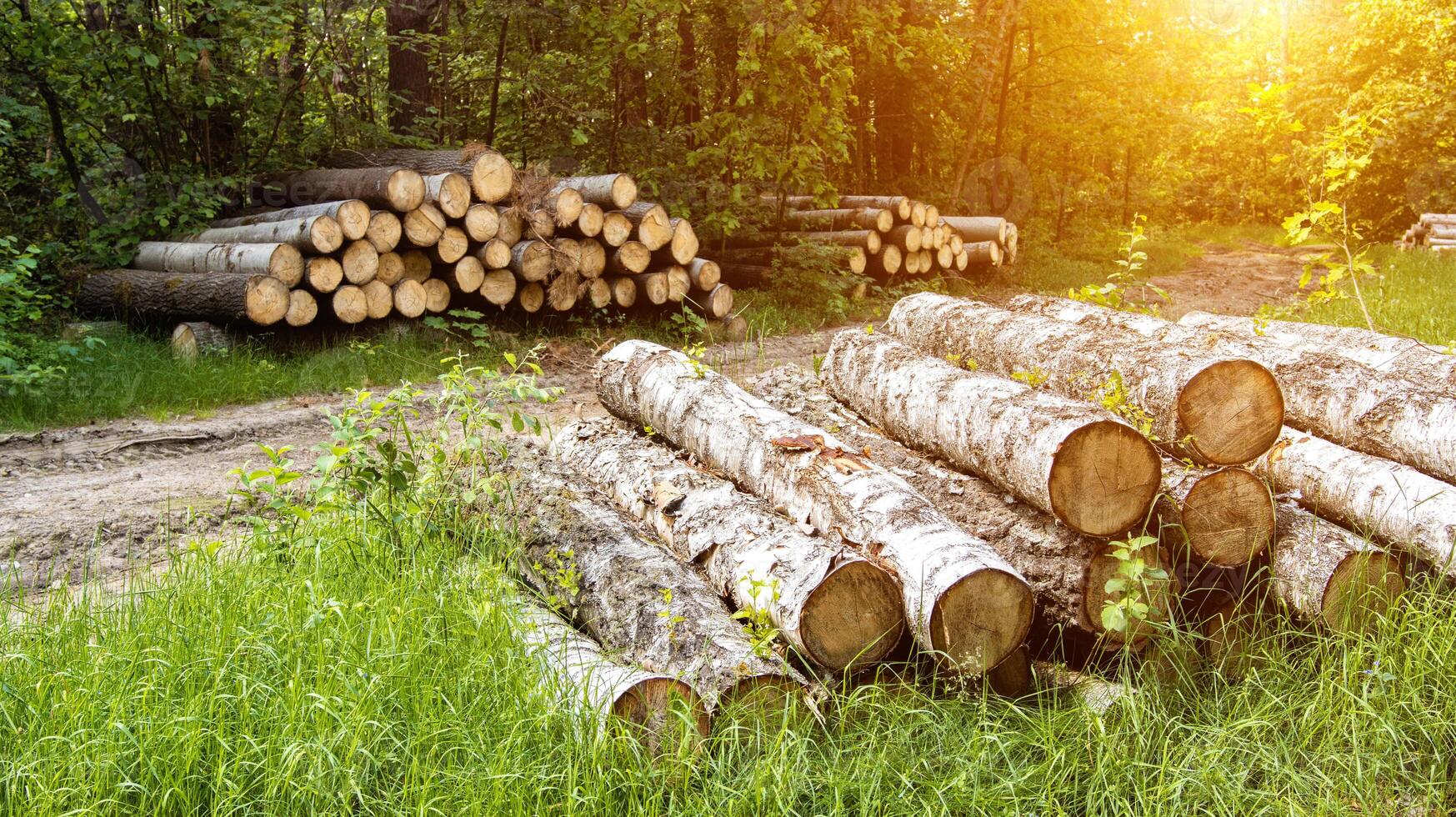 Heaps of birch, alder and pine logs lie on a forest site in the forest in summer. The concept of export and import of timber. Forest business and forestry. Background, industry photo