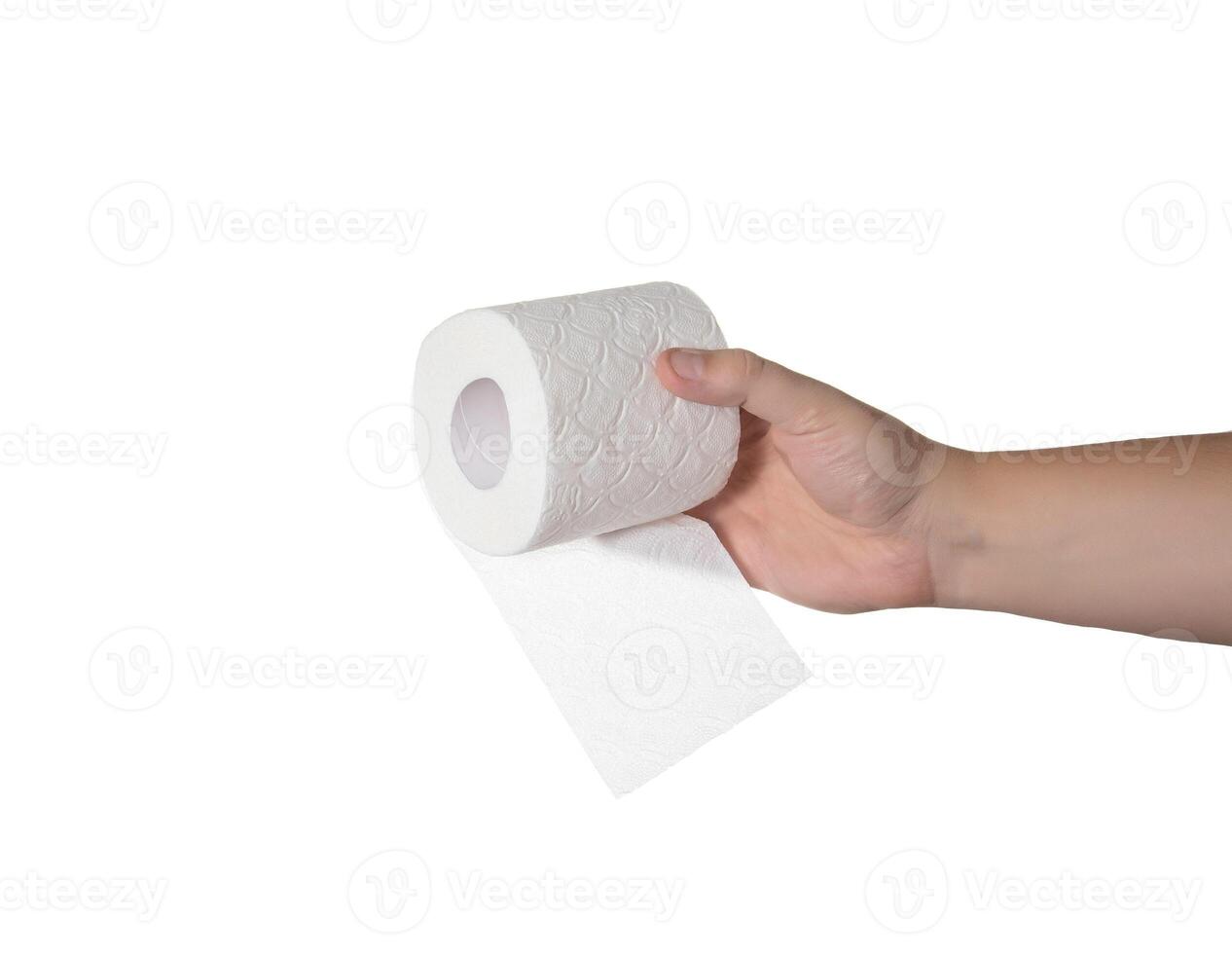 Roll of toilet paper in a man's hand on a white background, isolate. Close-up, hygiene photo