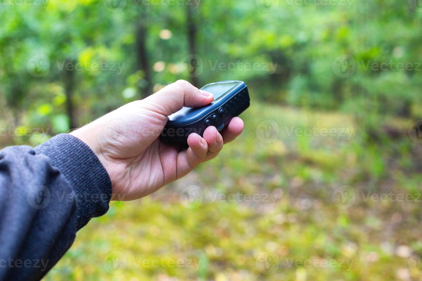 Forest navigator in the forest in a man's hand against the background of green trees. The concept of orienteering in order not to get lost in the forest. Copy space for text photo