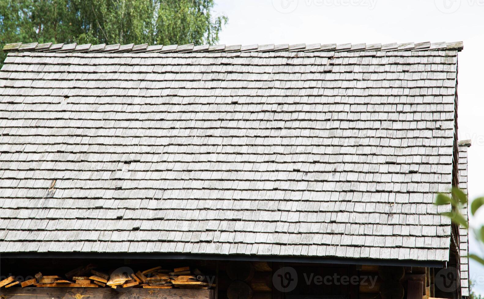 shingle roof. Old method of making roofs from wood, background. Copy space for text photo