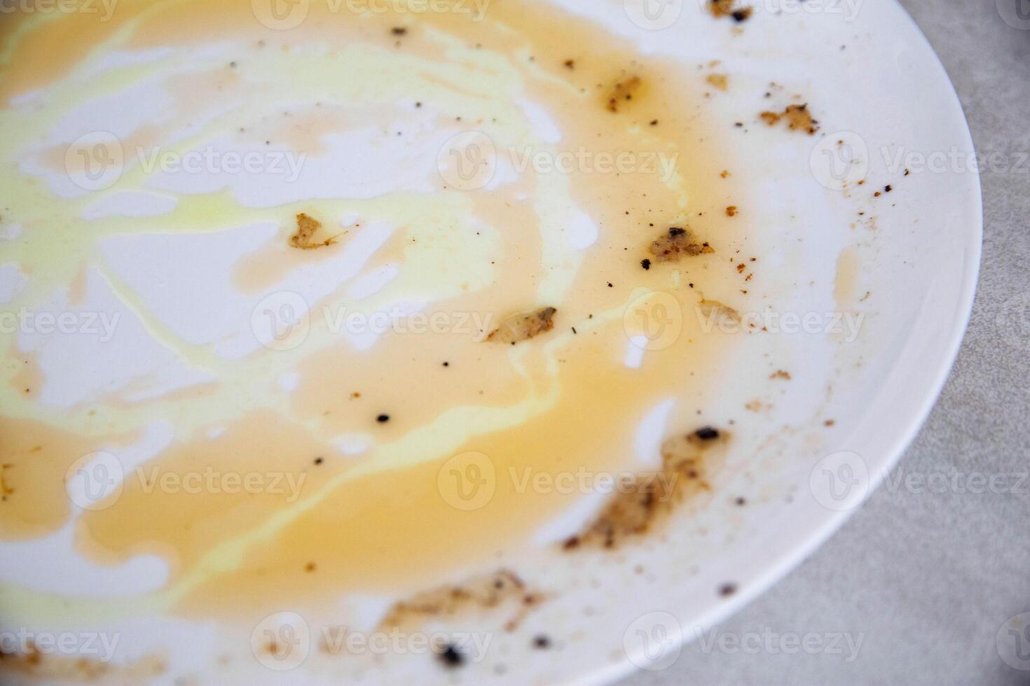 Fat on a dirty white plate after eating. Dish cleaner, anti-grease, dish care. Close-up photo
