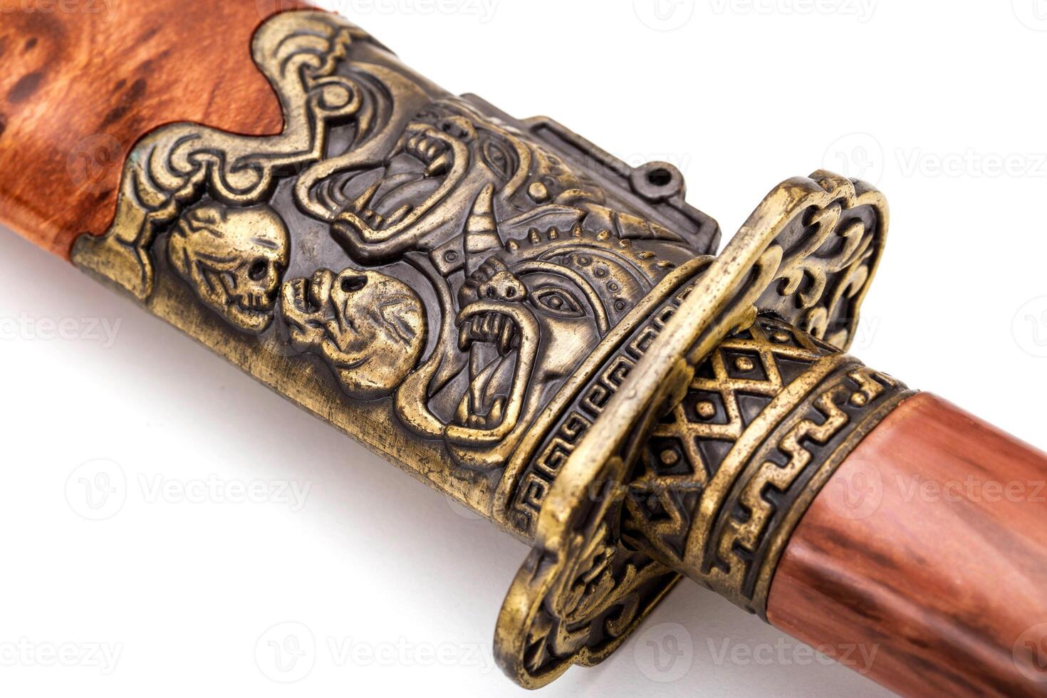 Beautiful patterns on the katana saber on the handle and protective case, close-up photo