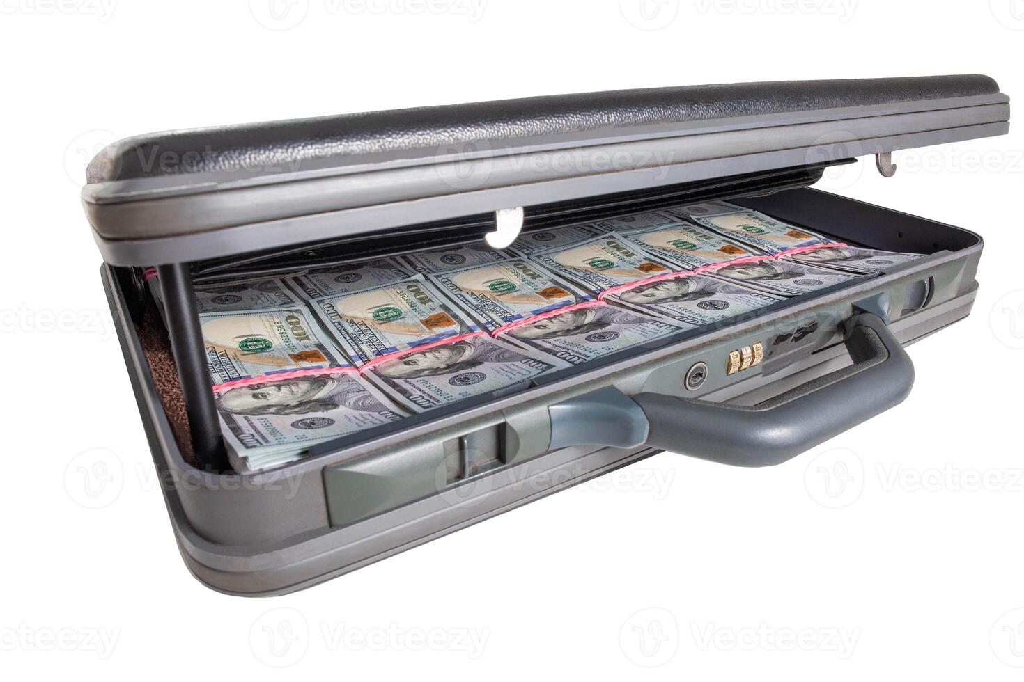 ajar modern suitcase with money dollars on a white background. Inflation and denomination concept, isolate photo