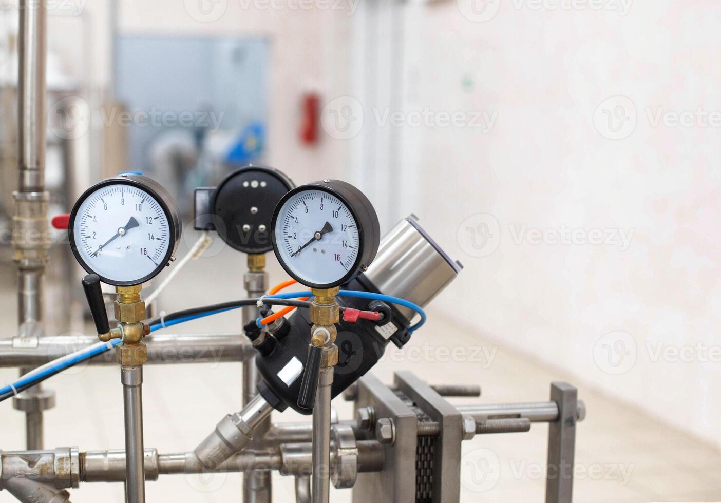 Pressure gauges for thermal power plants. The concept of turning on and off heating in cold weather. Copy space for text, industry photo