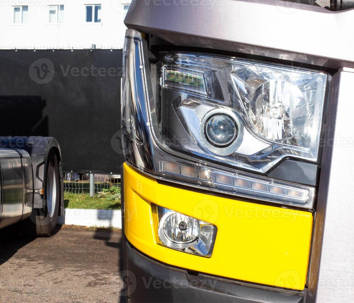 Modern truck headlight with diode illumination. Road safety concept, close-up. LED photo