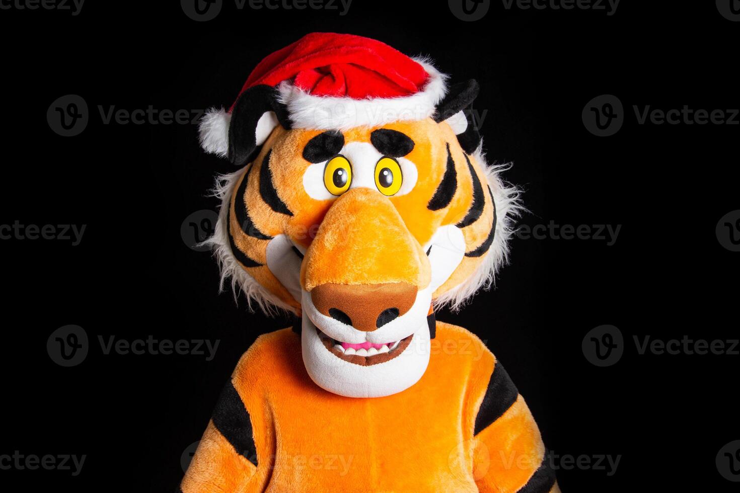 Plush soft orange tiger in a red santa claus hat on a black background. Christmas and new year 2022 concept photo