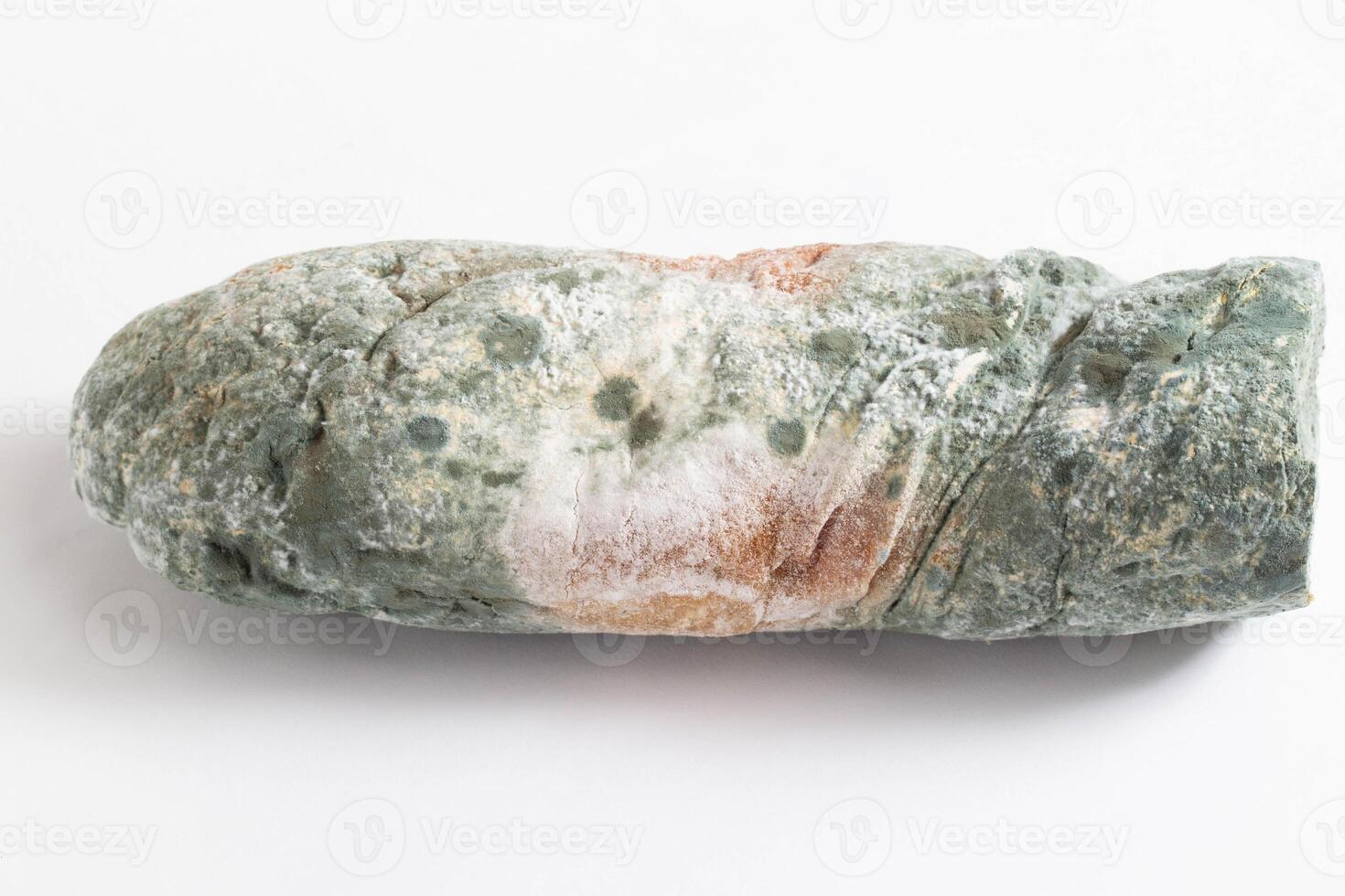 Green moldy bread on a white background, isolate. Loaf with mold, macro photo