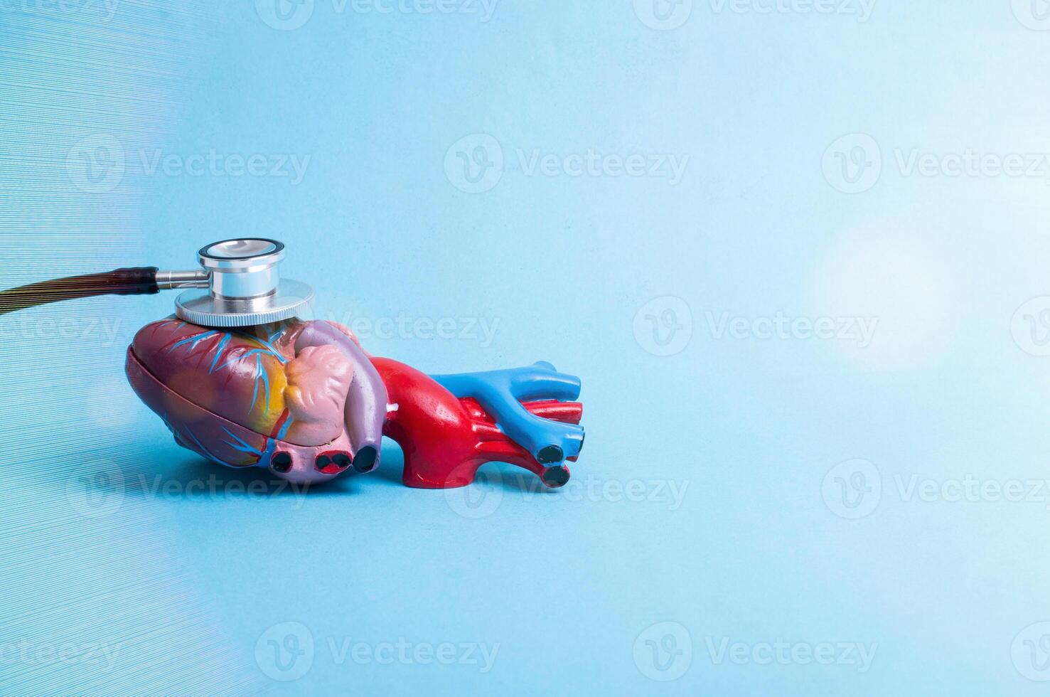 The stethoscope lies on a mock-up of the human heart on a blue background. Heart complication concept after coronavirus disease, blood clots. Copy space for text photo