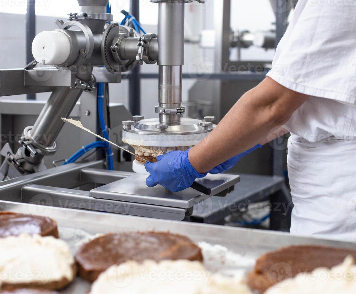 The pastry chef makes cake using modern equipment for the production of cakes. Line for spreading cream on biscuit cake. Industry photo