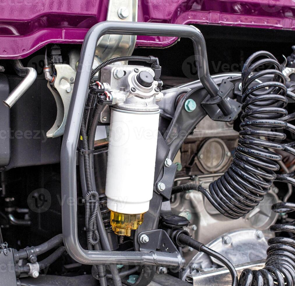 Modern diesel fuel truck fuel filter. Fuel system, diesel quality, copy space, industry photo