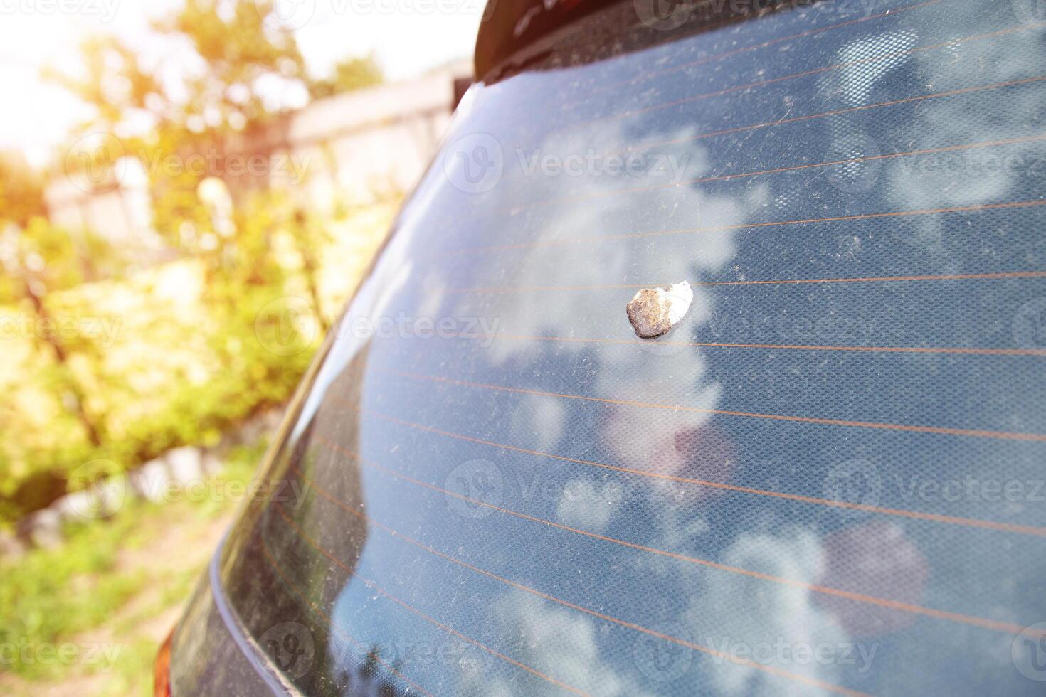 Bird droppings on car glass, damage from droppings to a car. Copy space for text photo