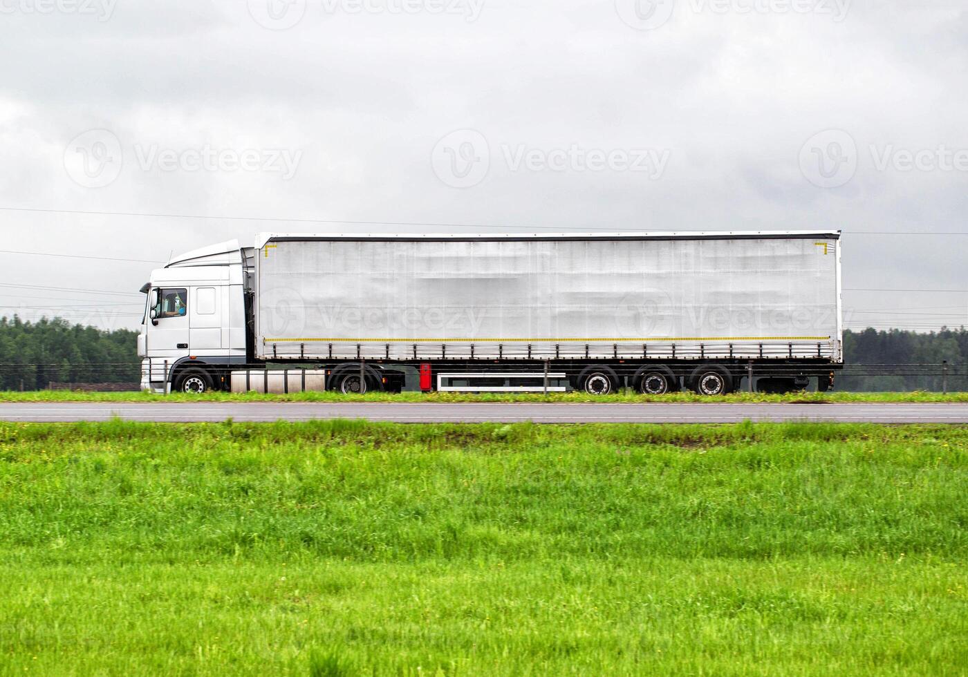 A beautiful modern semi-trailer truck transports cargo in rainy weather. Side view. Freight transportation services, import substitution. Copy space for text. Freight market photo