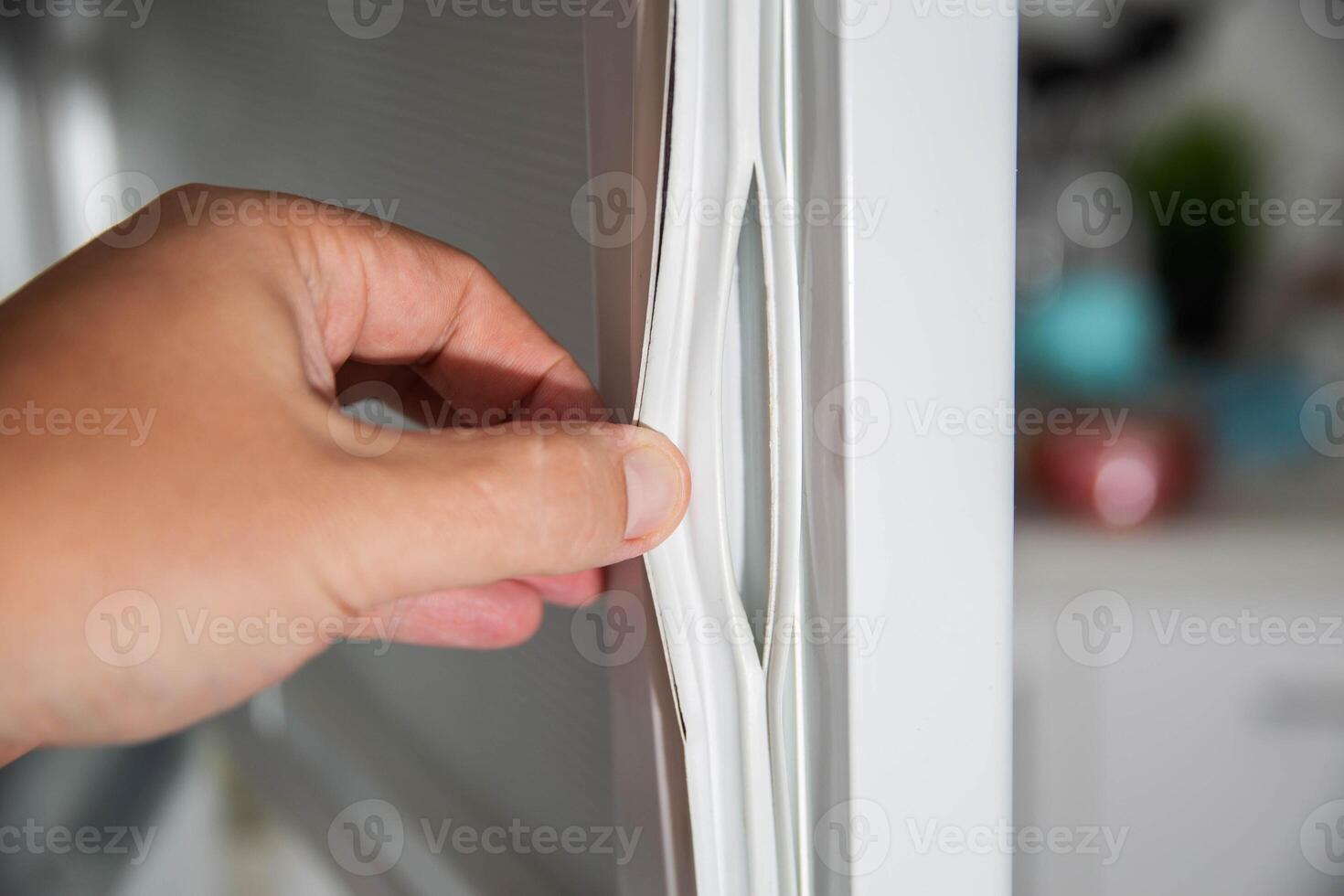 Torn and damaged sealing gum on the refrigerator door. Replacing the old sealing rubber with a new one photo