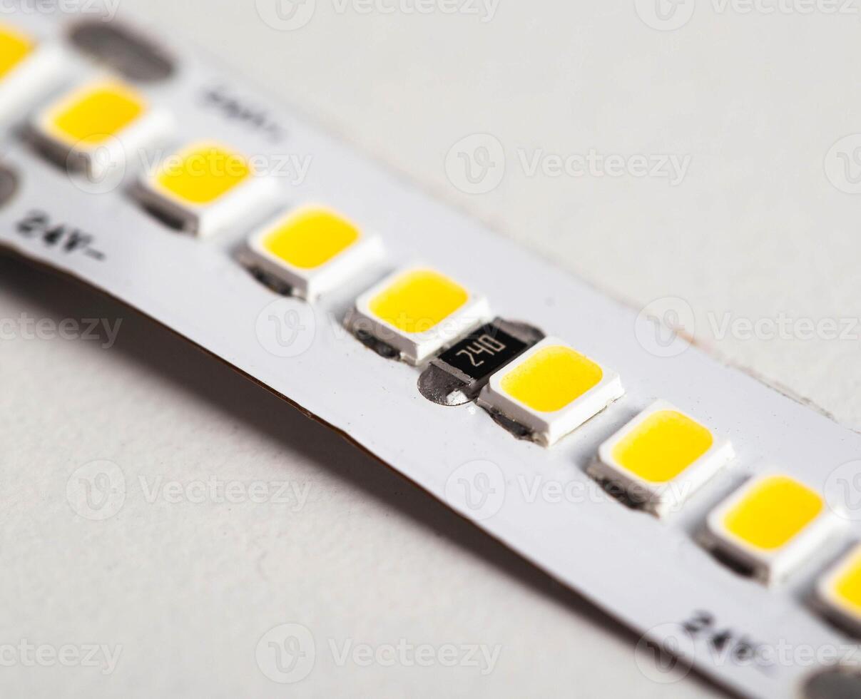 Superbright diode tape on a white background, lighting. Macro photo