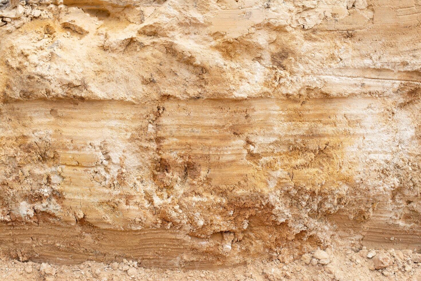 Layers of clay and orange sand soil, background, geological photo