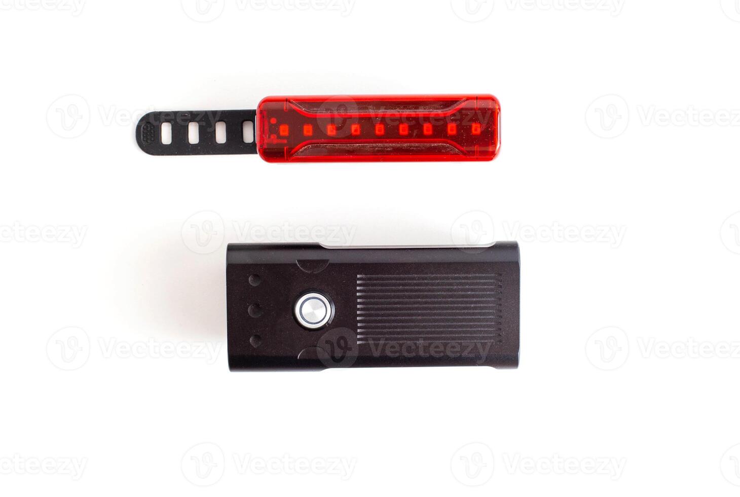 Bicycle lighting kit. Headlight and brake light for safety and illumination in the dark, white background, isolate photo