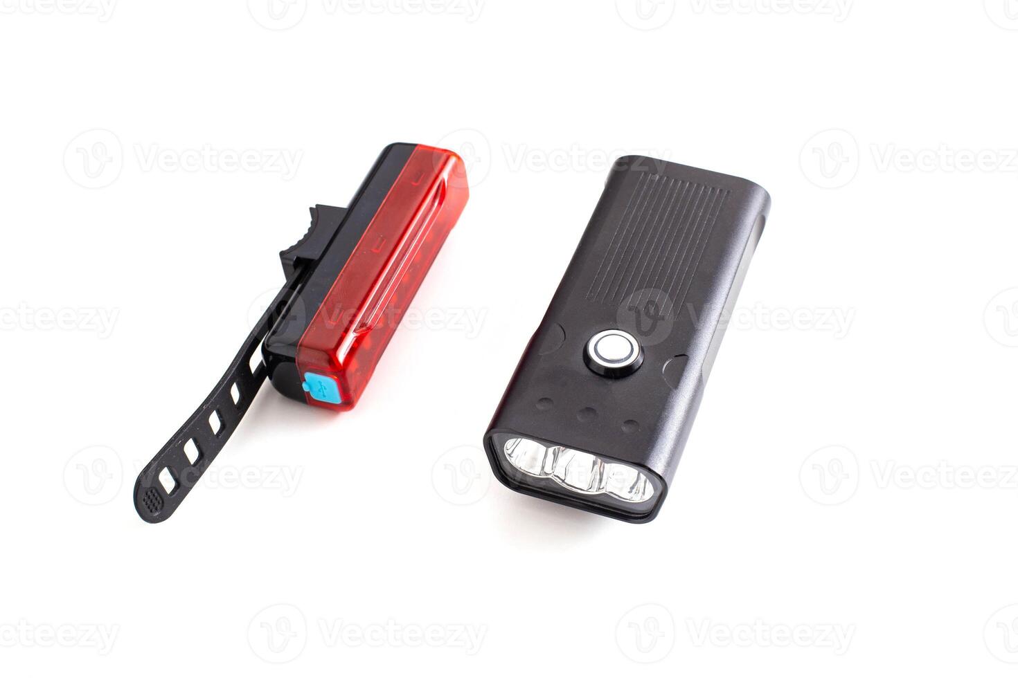 Bicycle lighting kit. Headlight and brake light for safety and illumination in the dark, white background, isolate photo