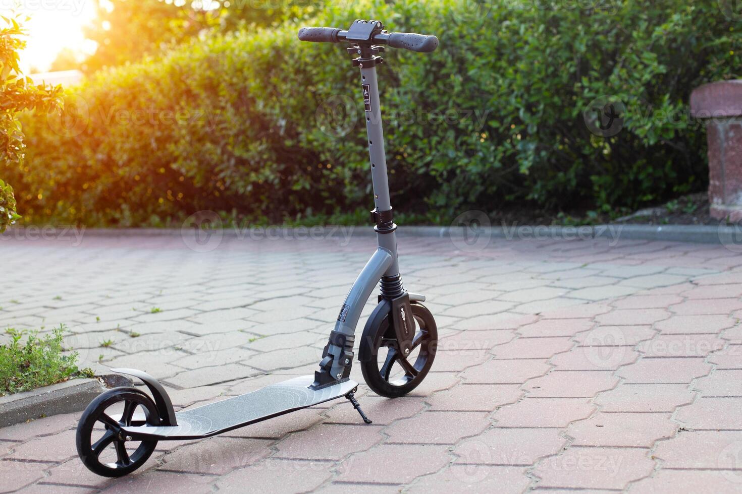 Scooter in the city on the alley and green bushes. The concept of the cost of renting scooters. Copy space for text photo