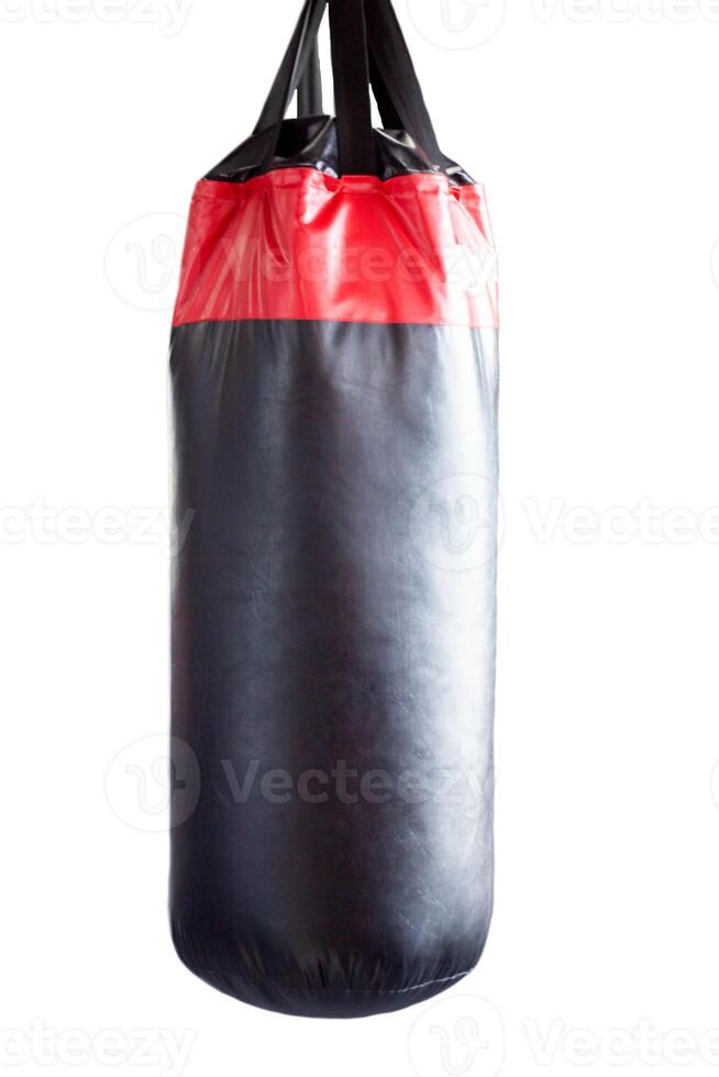 Black punching bag on a white background, isolate. Close-up, boxing equipment photo