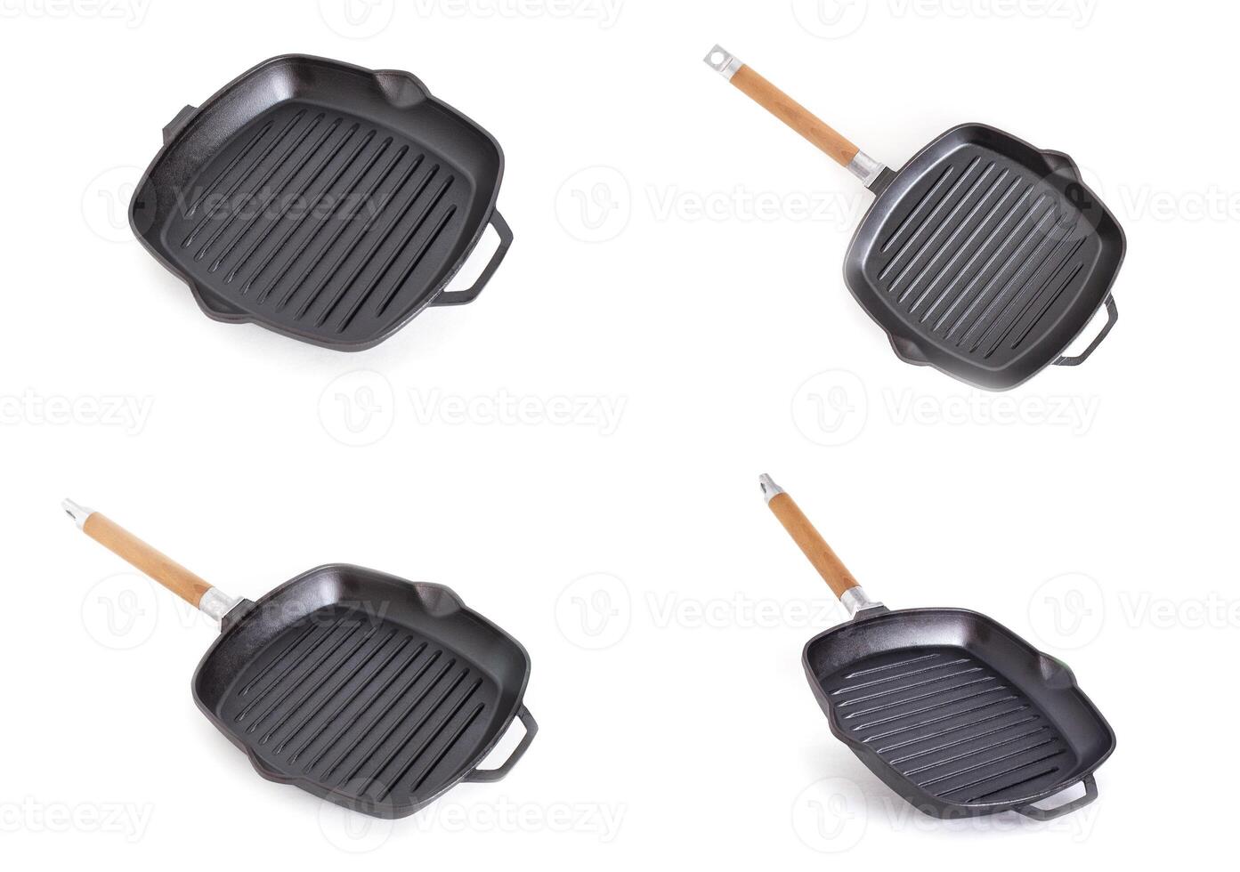 Cast iron grill pan with removable wooden handle on white background, isolate. Delicious and healthy cooking concept, kitchenware photo