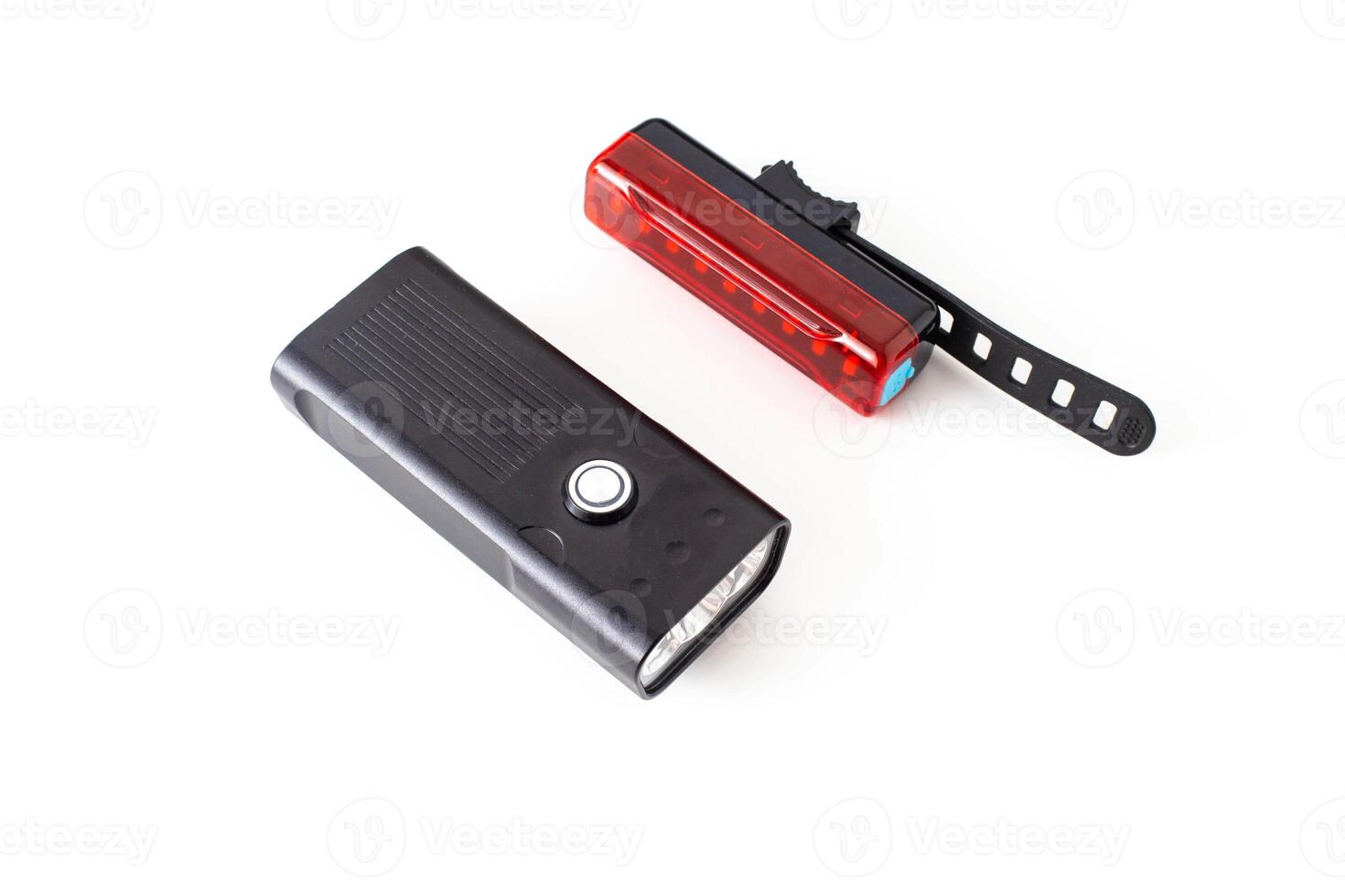 Bicycle lighting kit. Headlight and brake light for safety and illumination in the dark, white background, isolate photo
